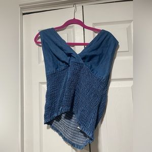 Fake blue denim 100% cotton tie neck stretchy shirt/top XL